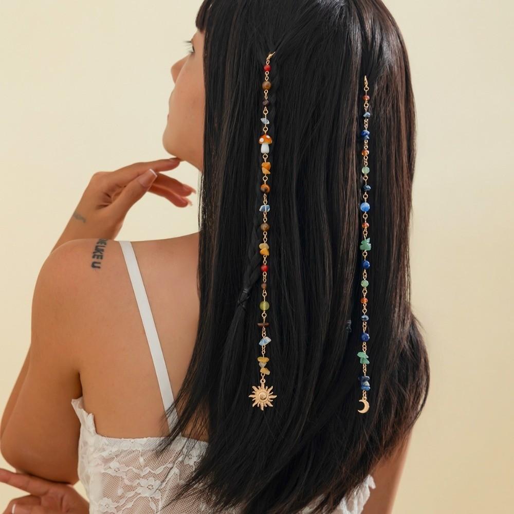 2Pcs Headwear Exquisite Sun Moon Pendant Multicolored Stone Bead Hair Additions for Braids