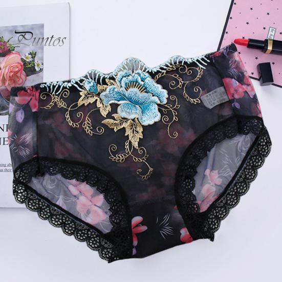 Underpants Women Panties Rose Embroidery Flower Print Mid Waist Stretch Briefs See-through Lace Sexy Ladies Underwear Daily Wear