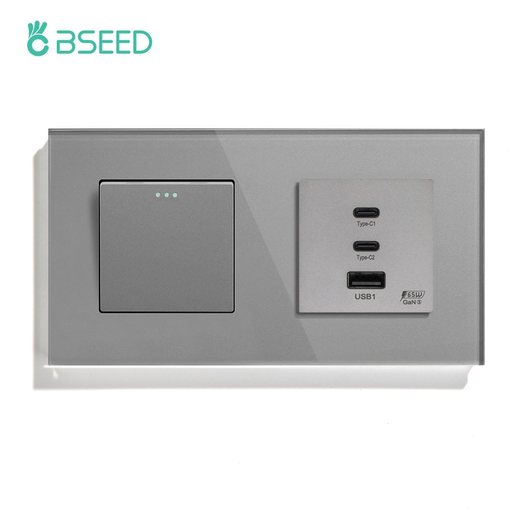 BSEED 1/2Gang Mechanical Light Switch 1Way With Fast Charging 65W USB C Socket Dual Typc-c Ports Glass Frame EU Standard