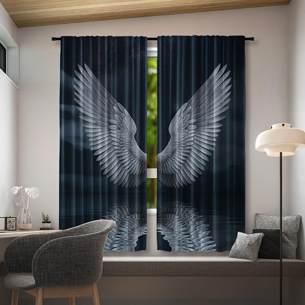 2pcs Angel Wings Starry Sky Blackout Curtains, Woven Polyester Pongee, Semi-Sheer Roller Embossing, Rod Pocket, Machine Washable