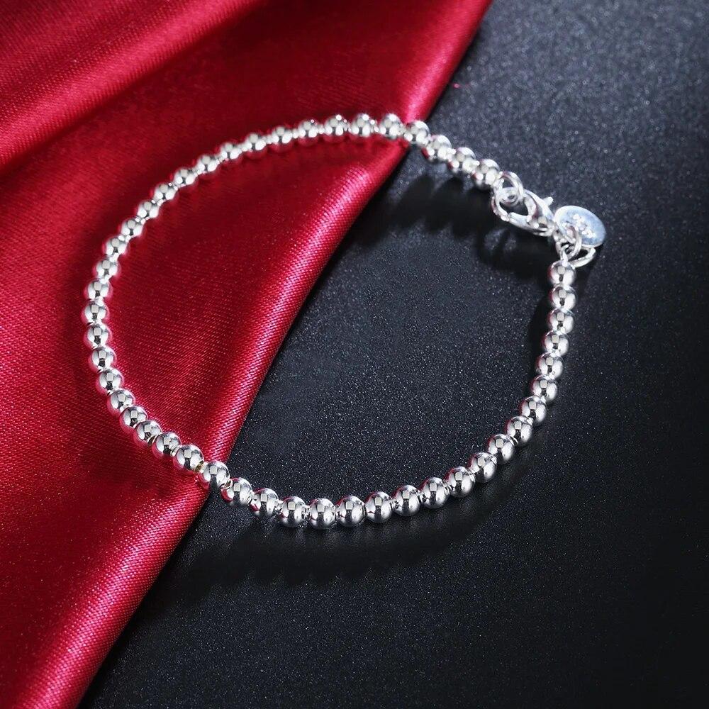 100% Silver Color Fashion 4mm Beads Chain Bracelet 20cm for Teen Girls Lady Gift Women Fine Jewelry