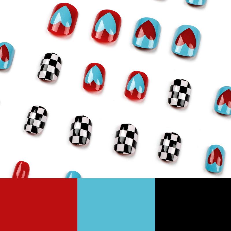 Wearable manicure Black and white checkerboard nail piece Blue and red love fake nail Wearable manicure