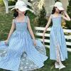 Trendy Lace Plaid Summer Dress for Girls Korean Style Princess Skirt Casual Leisure Gown Big Kids Checkered Strap On Dress