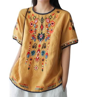 Ethnic Embroidery Pullover Tops Asian Pattern Design Short Sleeve Summer Ethnic Elegant Casual Cute Student Work Adult Nightwear Workwear Loungewear