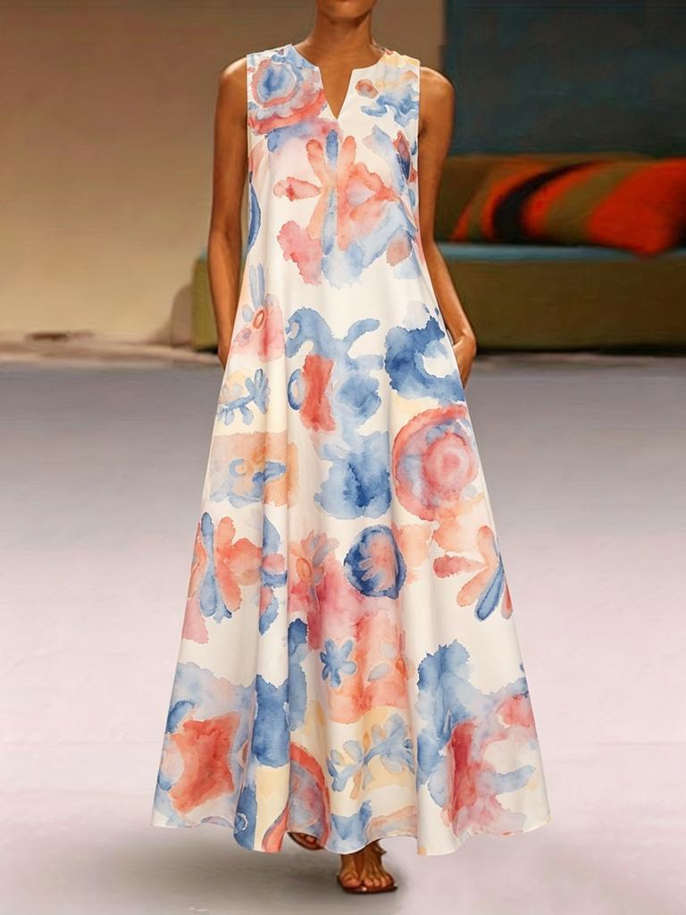 Retro Floral Color Matching Printing V-neck Sleeveless Loose Pendulum Long Dress