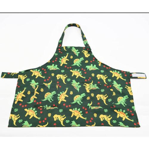 Yakusel Children's 3-Piece Apron Set with Storage Bag, Triangle Scarf, Drawstring Bag, Cooking Practice Apron, Size M, Dinosaur Design, Green, 50517