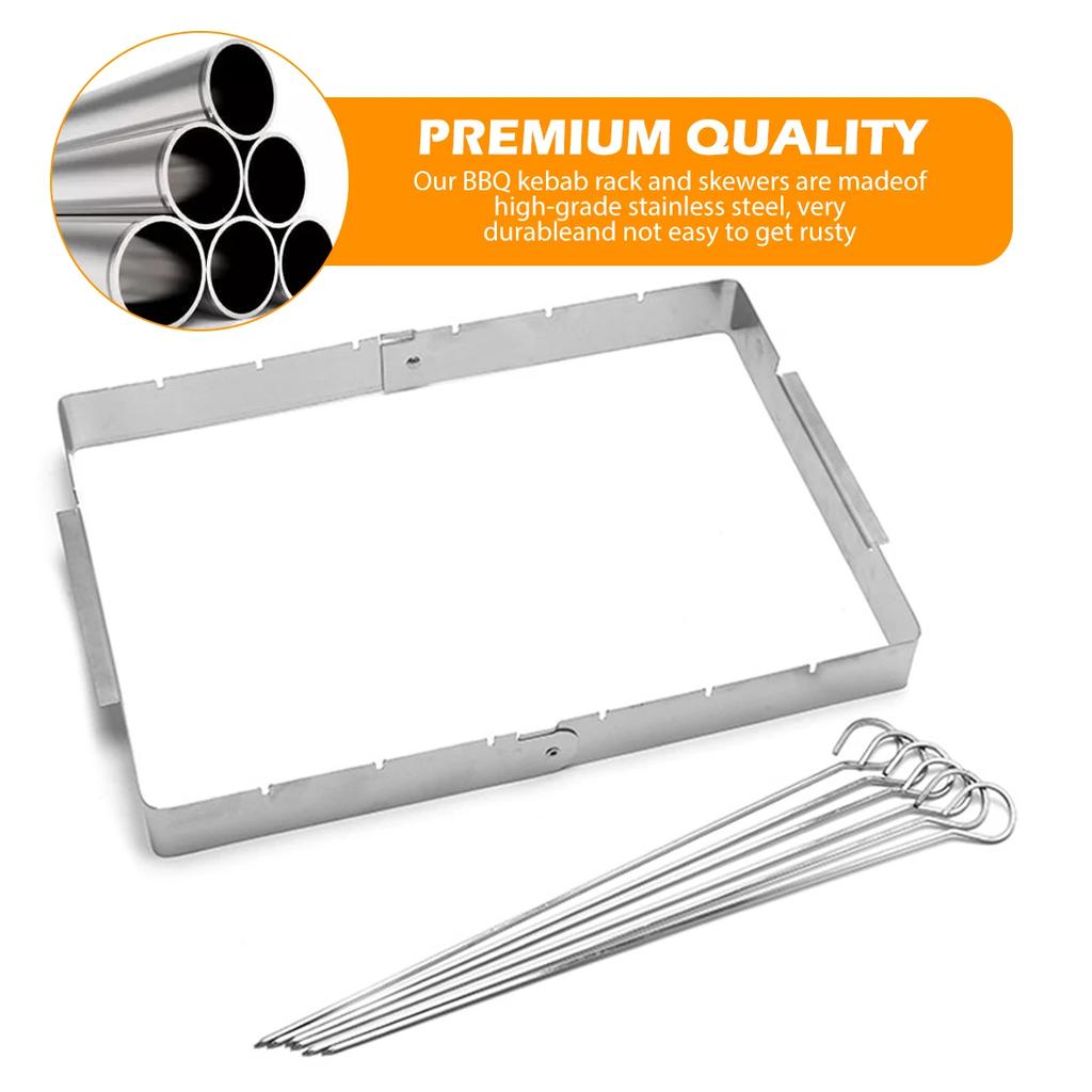 BBQ Skewer Rack Stainless Steel BBQ Metal Skewers Foldable Rotating Rotisserie Grill Rack with 6 Skewers for Shish Kebab