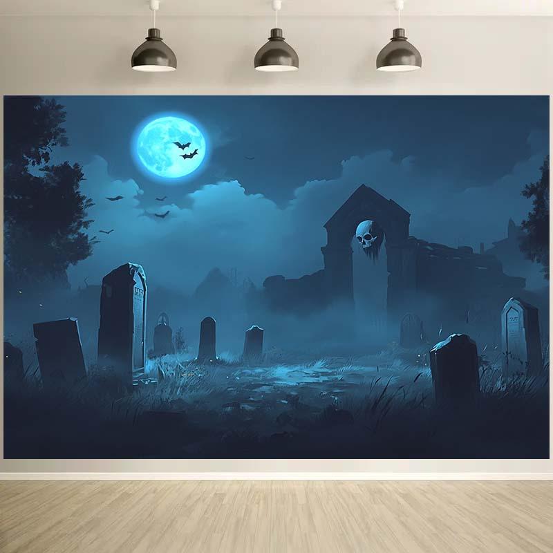 1 Halloween Gothic style cemetery background curtain with full moon and tombstone no need for electricity Halloween decoration