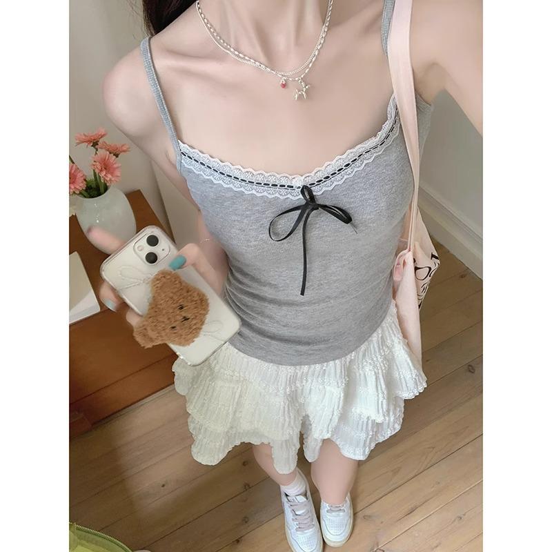Korean style dopamine solid color gentle sleeveless top short navel-baring bow lace vest for women