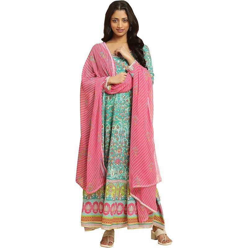 W Women's Green Floral Printed Kurta Dupatta Bottomwear with Thread Work