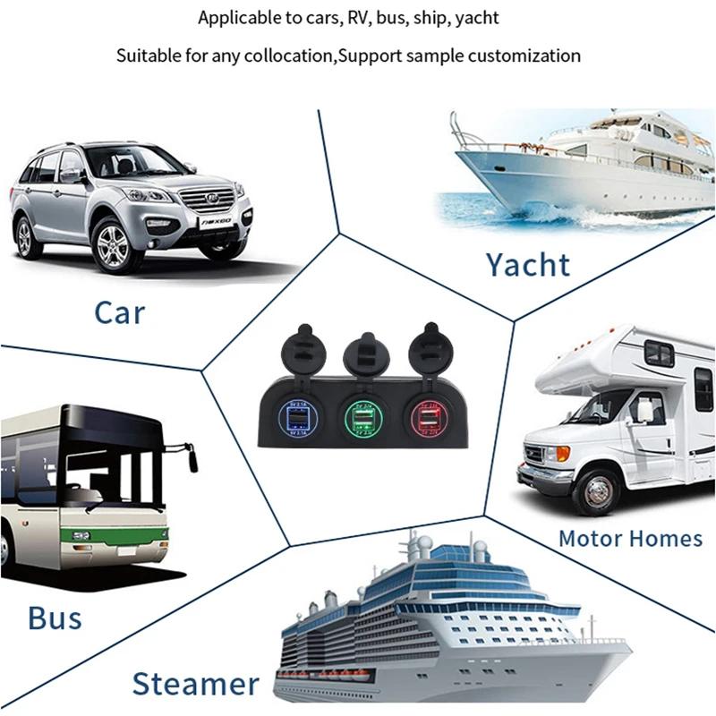 12V 24V 3 Holes Tent Type Universal Waterproof Triple 4.2A Dual USB Ports Car Charger Power Outlet Socket for Boat ATV RV