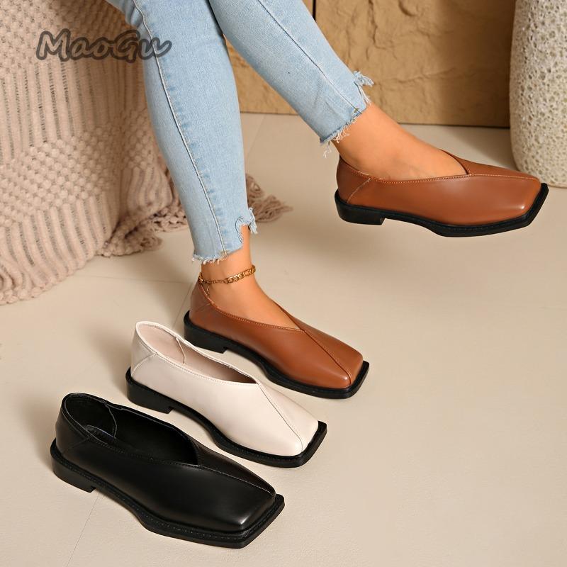 Black Brown PU Leather Square Toe Low Heel Pumps Slip on Women's Casual Shoes Comfortable Footwear Spring Autumn Size 36