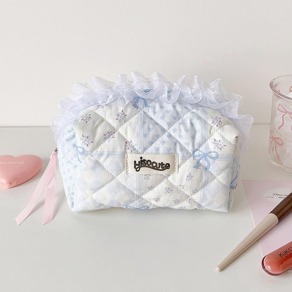Quilted Makeup Bag Lace Bow Zipper Ruffles Pen Bag Sweet Toiletry Case for Women Girls