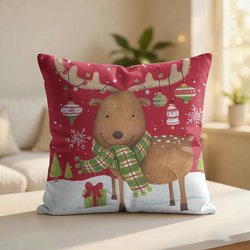 CUTE Christmas Reindeer Cushion Cover Silky Short Plush Invisible Zipper Dustproof Sofa Pillow Case For Home Decor