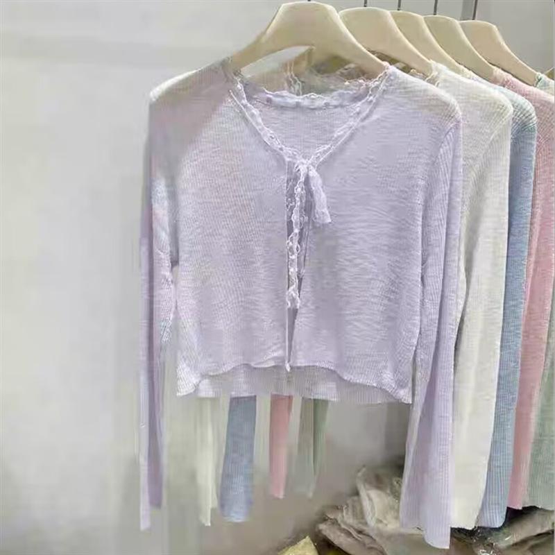 Women's Clothing, Summer New Sweet and Lazy Lace Straps Knitted Cardigan Women's Short Long-sleeved Top