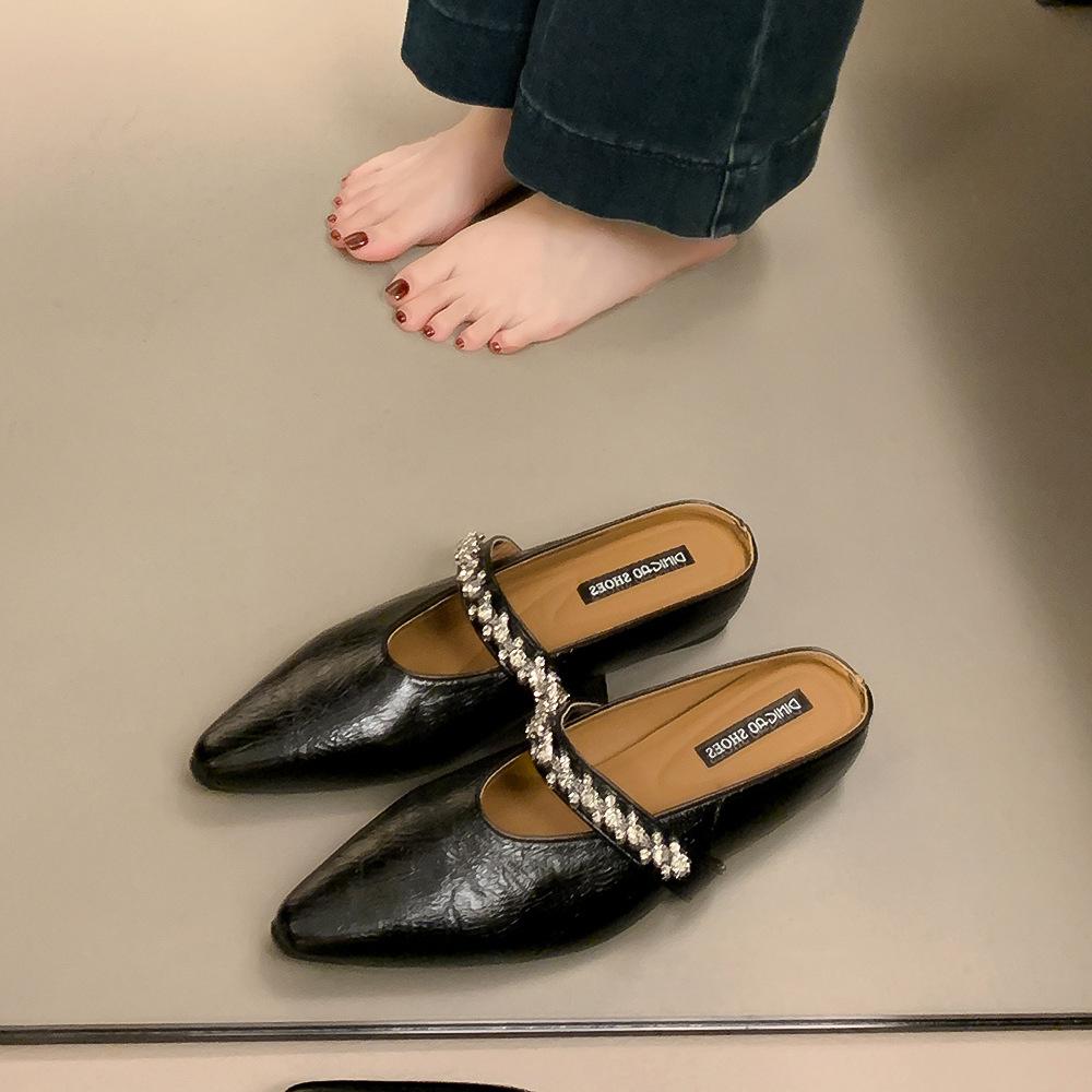 French Outer Wear Niche Rhinestone Bag Head Half Slippers Women's Shoes 2025 New Summer Height Increase Muller Cool Slippers