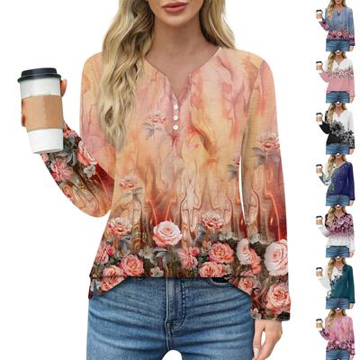 Women's T Shirt Tee Button Floral Print Long Sleeve Daily Weekend Fashion Basic V-Neck Regular Top