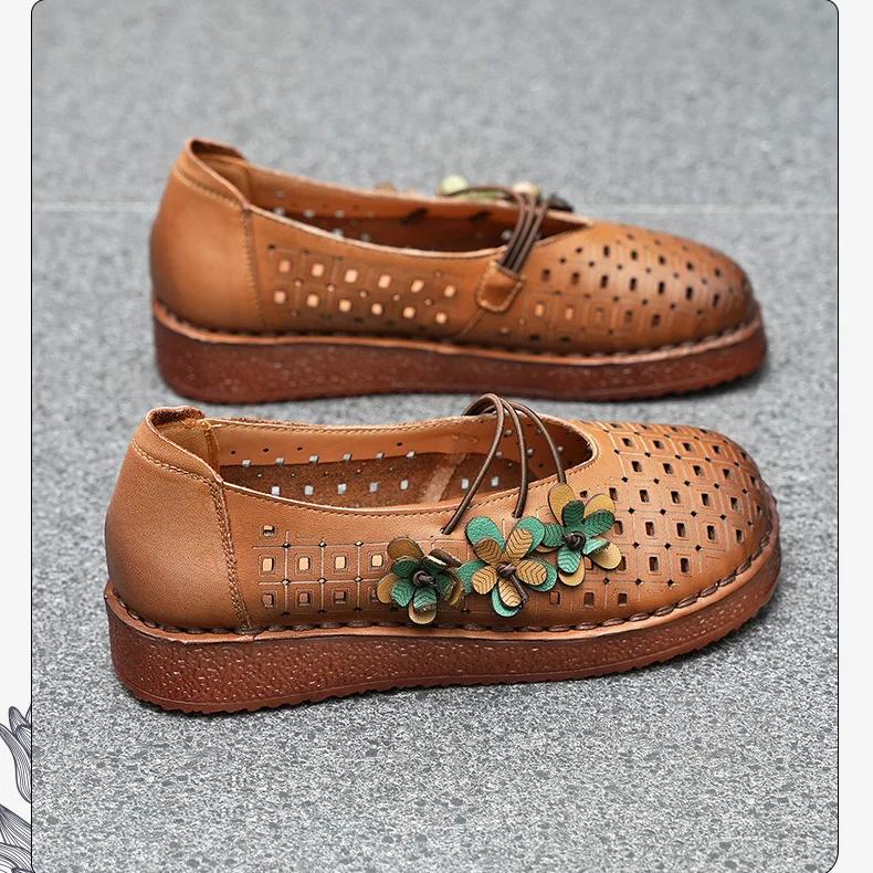 Johnature Flat Sandals Genuine Leather Hollow-out Breathable Retro Soft Soled Women's Shoes