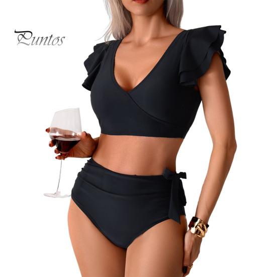 

2 шт./комплект женский комплект бикини с V-образным вырезом, бюстгальтер с оборками на рукавах, плавки с высокой талией, комплект с пышными вырезами, купальный костюм, купальник L