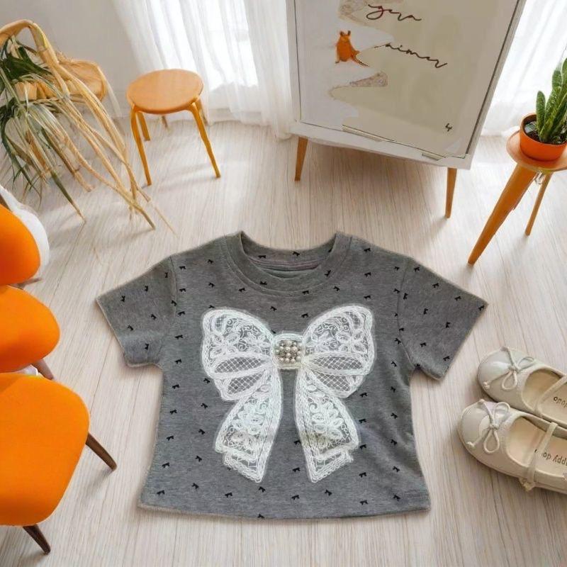 2025 Trendy Summer Baby Girl Gray T-Shirt with 3D Bow & Print