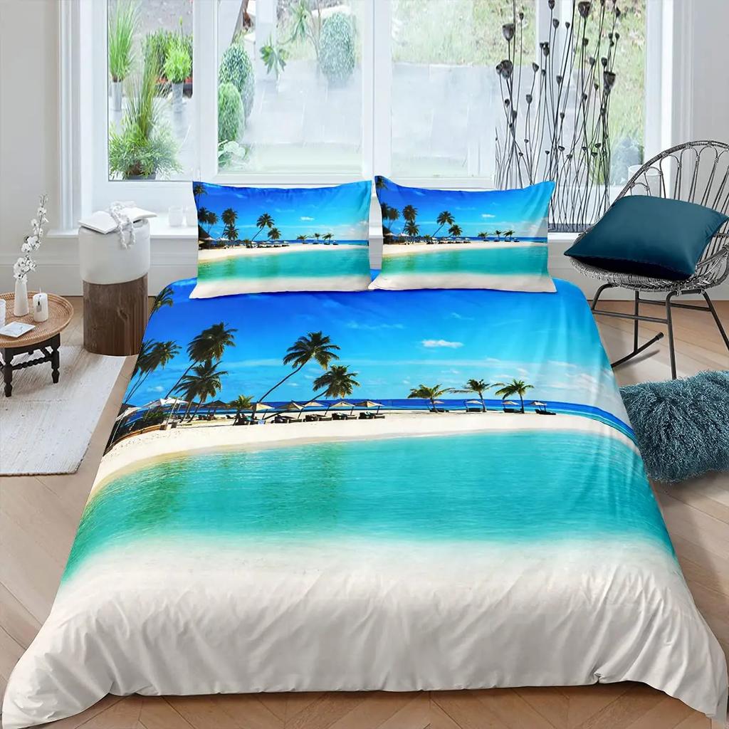 Strand Påslakanset Twin för Barn Ocean Sängkläder Set Sängkläder Hawaiskt Tropiskt Tryckt Mikrofiber Polyester Täcke Överdrag