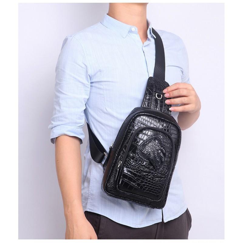 Crocodile Patterned Men's Chest Bag Made Of Genuine Leather Crossbody Cowhide With Claws Trendy Single Shoulder