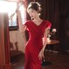 Red Evening Dress Host Advanced Daily Wear Niche Fish Tail Beautiful Waist Banquet Irregular Dress