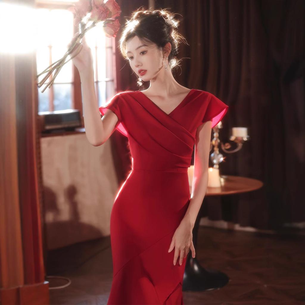 Red Evening Dress Host Advanced Daily Wear Niche Fish Tail Beautiful Waist Banquet Irregular Dress