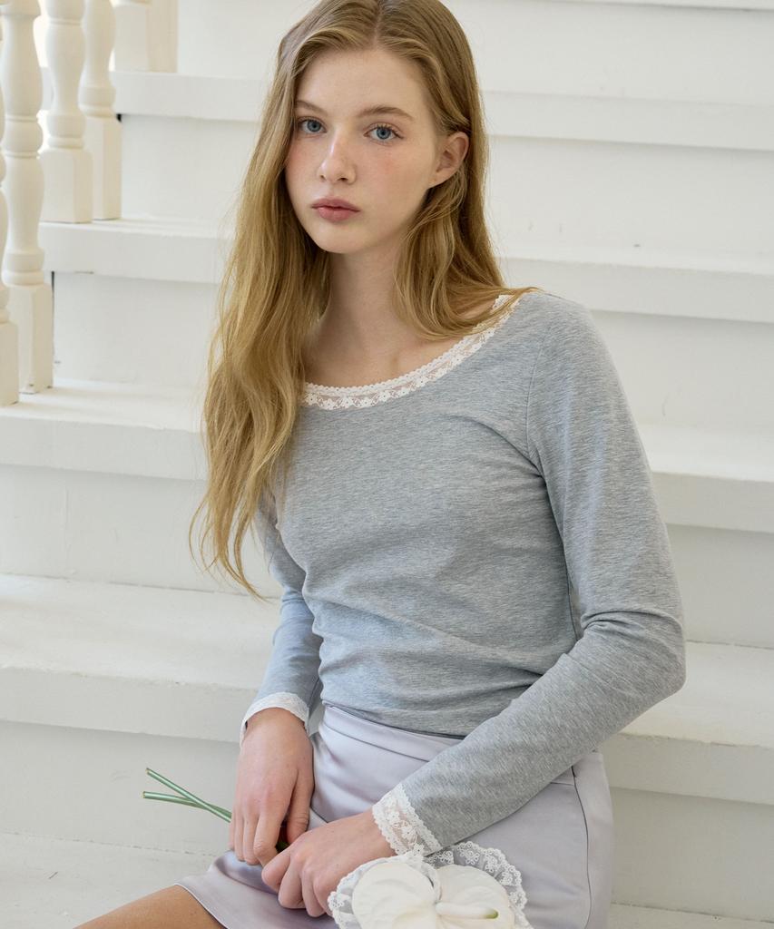 LETTER FROM MOON Letters Lace Boat Neck T-Shirt (Gray)