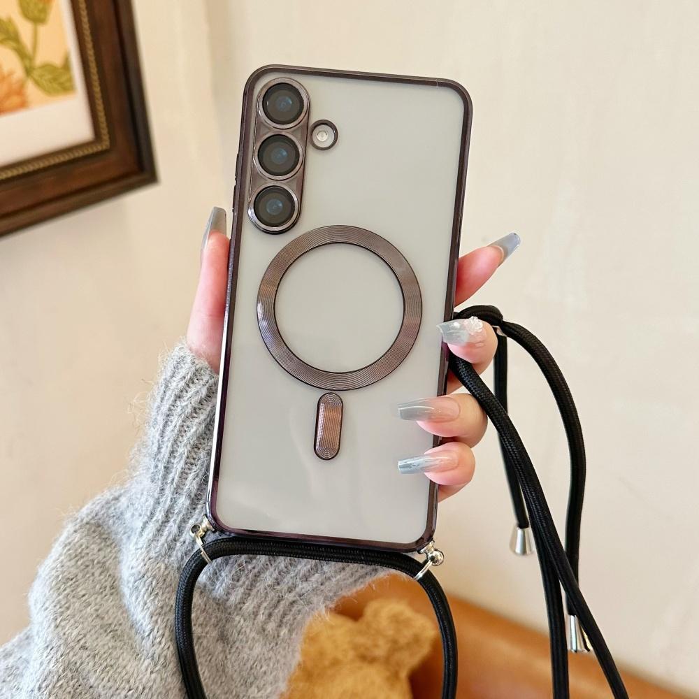 Crossbody Necklace Lanyard Plating Magnetic For Magsafe Clear Case For Samsung S26 S25 Ultra S24 S23 S22 S21 Plus Soft Cover