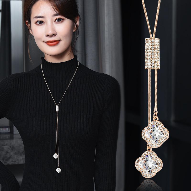 Simple Fresh Clover Crystal Pendant Long Necklace - Fashionable Versatile Women's Accessory