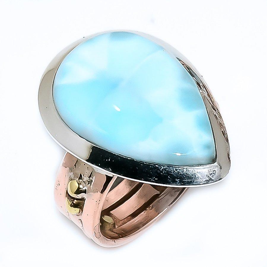 

Natural Larimar Gemstone 925 Solid Sterling Silver TwoTone Gift Ring S.6 Q8F69