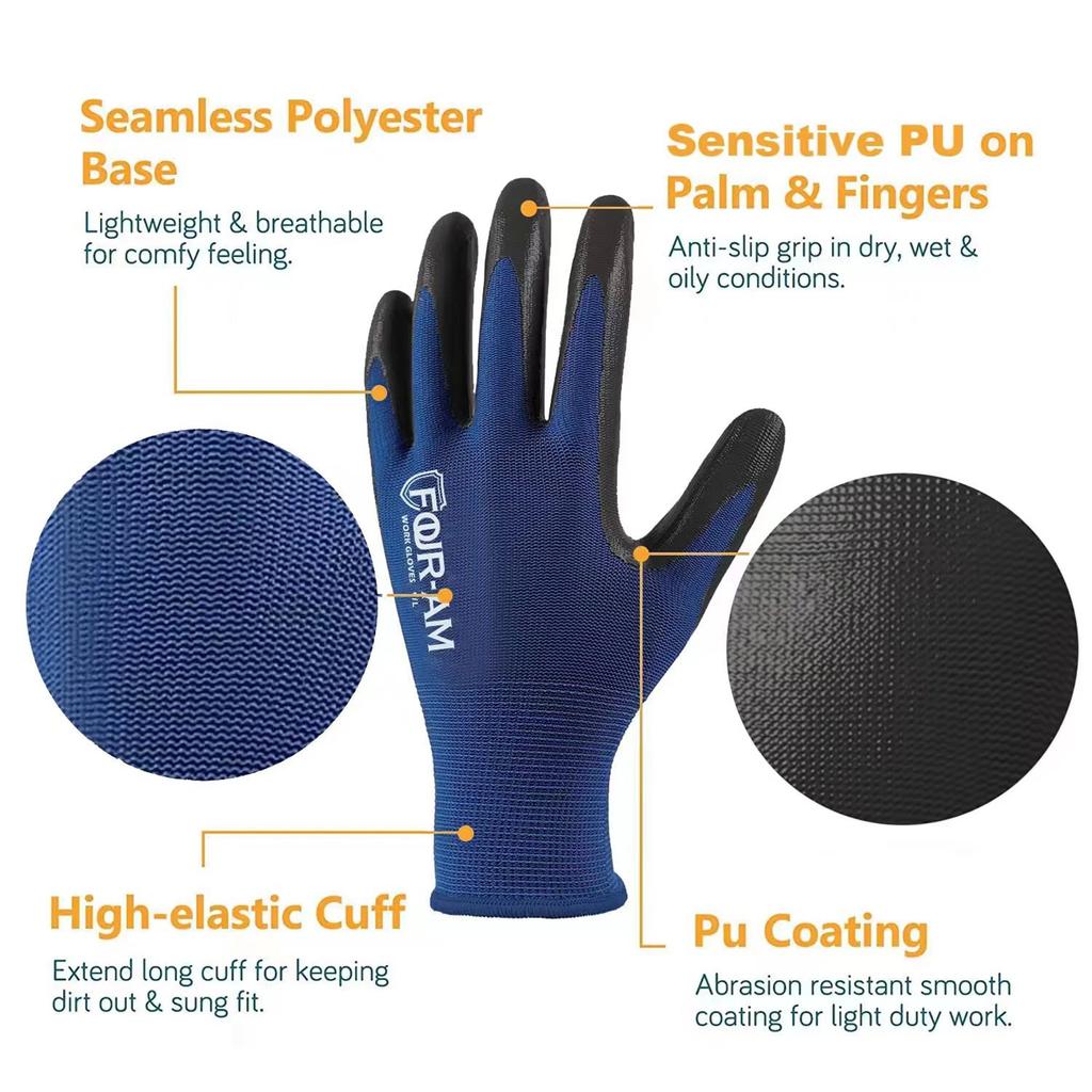 3/12Pairs Ultra-Thin PU Coated Work Gloves, Excellent Grip Gloves, Nylon Shell Black Polyurethane Coated Safety Work Gloves