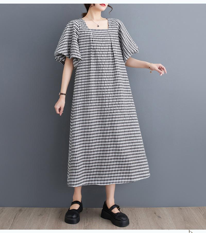 Real shot summer new literary loose cotton and linen plaid square neck short-sleeved dress women's medium and long