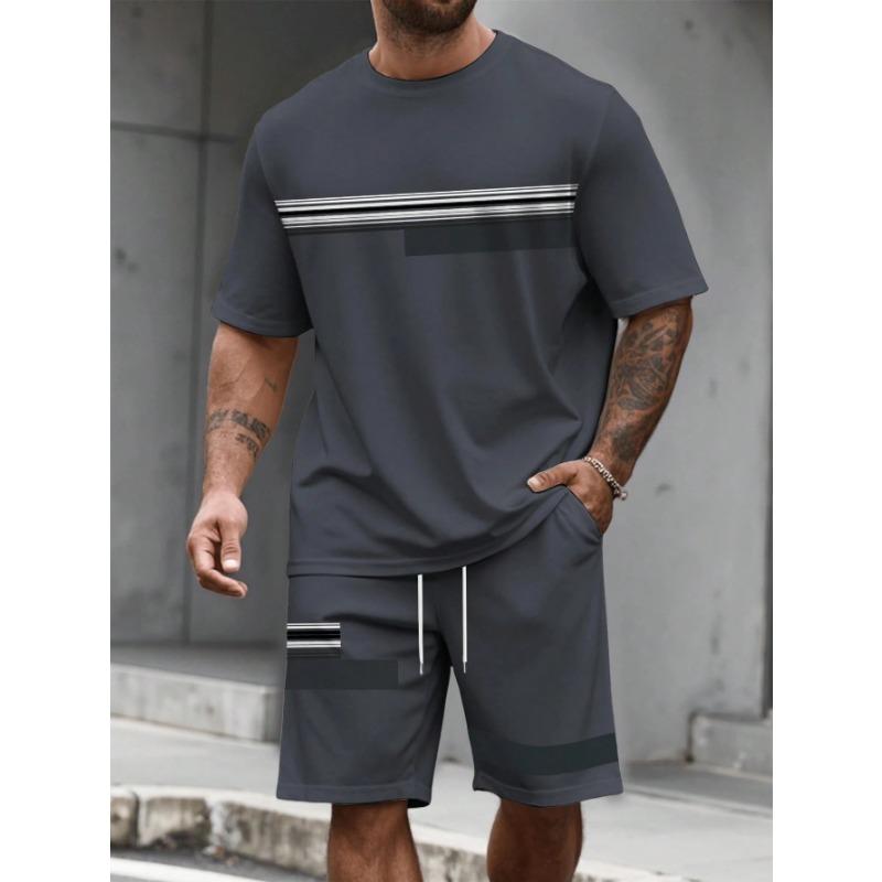Casual Stripe Printed T-shirt Shorts Set Large Size Loose Men's Short Sleeve Tee Elastic Waist Shorts 2-piece Set Sports Clothes
