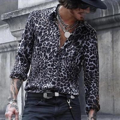 Men Shirt Leopard Print Long Sleeves Collar Single-breasted Cardigan Long Sleeves Turn-down Slim Fit Vacation Club Party Top