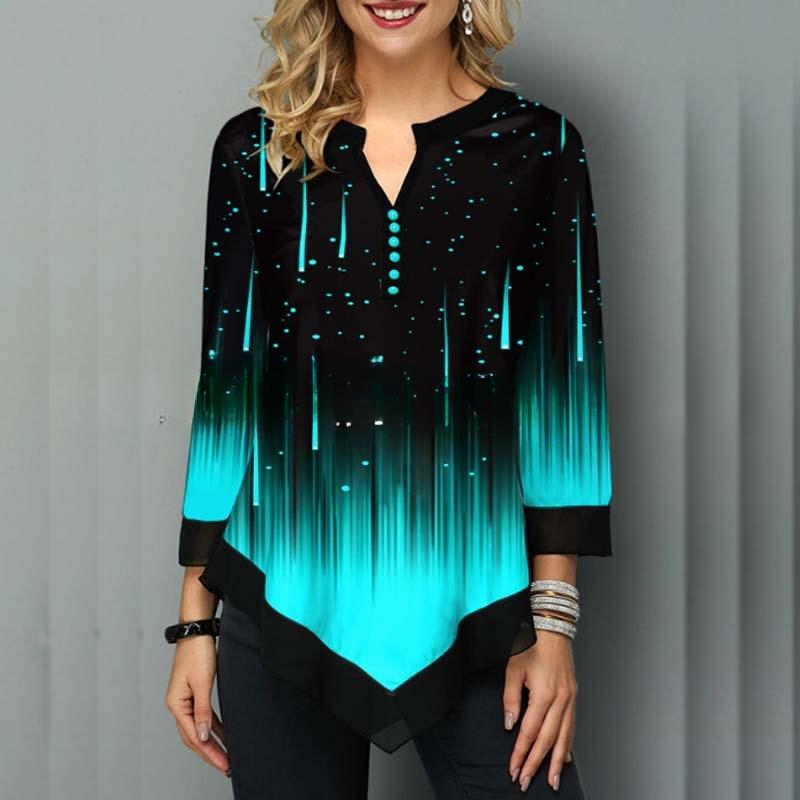 

VEZFAA Женская мода Повседневная весна-осень Цветочный узор Принт Длинные рукава V-образный вырез Блузки и рубашки XXXXXL зелёный