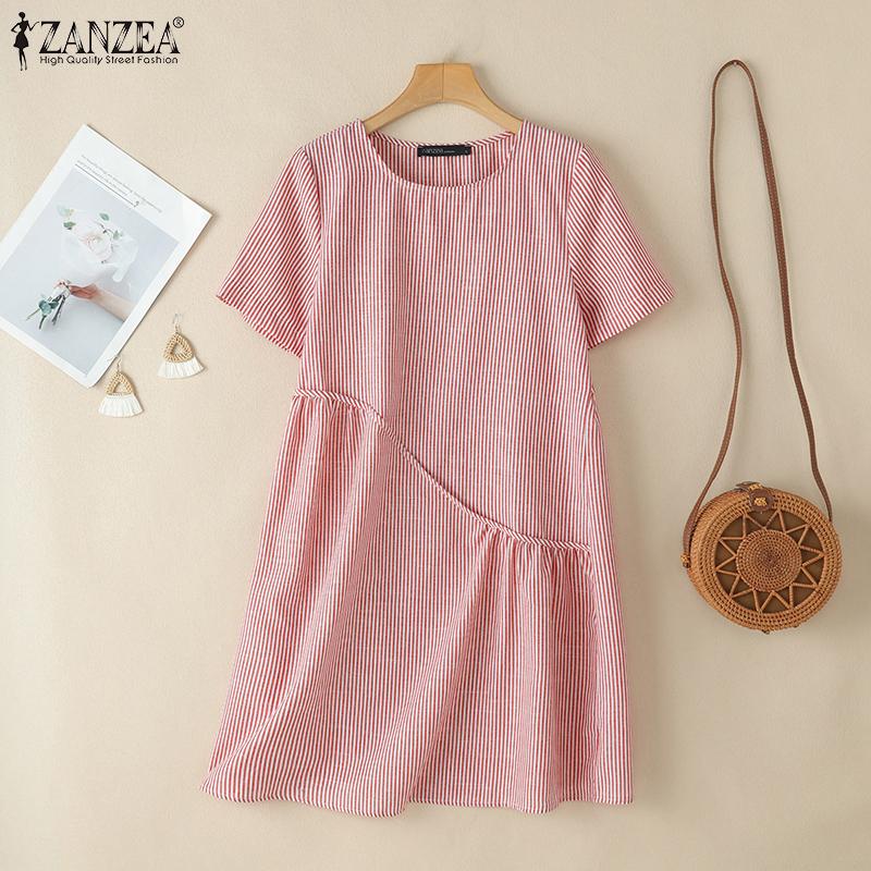 ZANZEA Women Casual Round Neck Short Sleeve Stripe Summer Dress