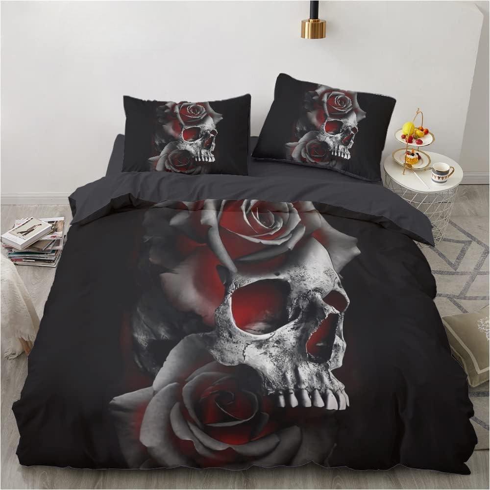 3D printed Gothic skull rose microfiber duvet cover soft and comfortable 3-piece bedding set with zipper and 2 pillowcases