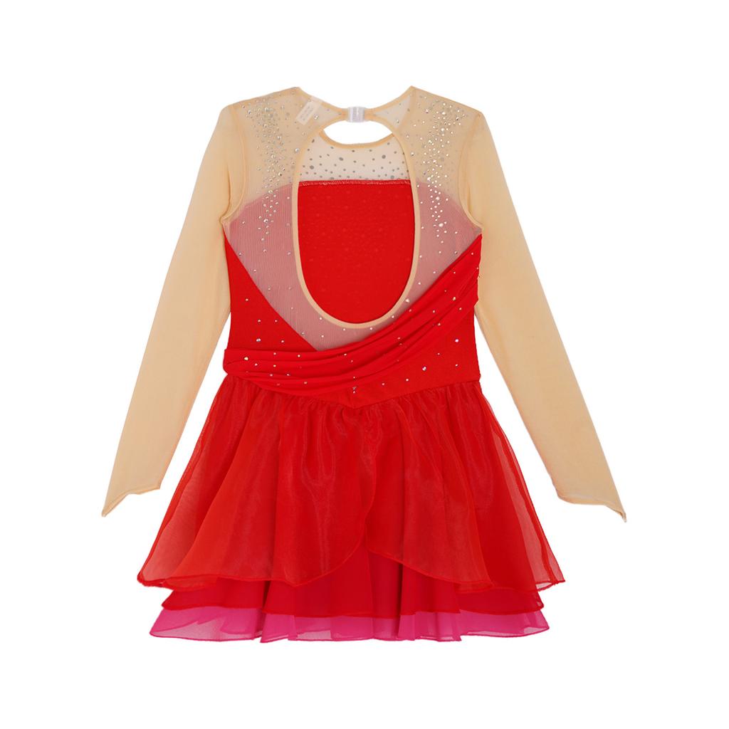 Kids Girls Stage Performance Dress Glitter Rhinestones Sheer Mesh Long Sleeves Cutout Back Figure Skating Costume
