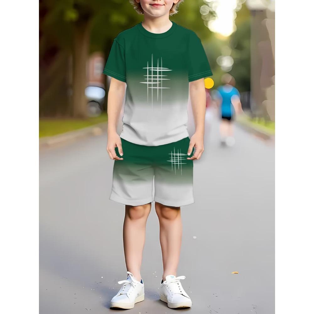 Boys Clothes Simple Striped 3D Printed Short Sleeve T-Shirt Sets Loose Casual Summer Outdoor Quick Drying Children's Clothing