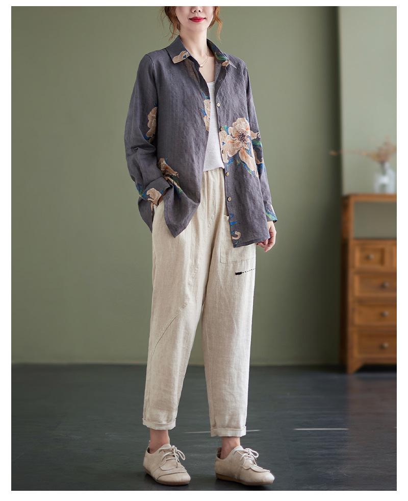 Women's Retro Floral Cotton Linen Shirt - Plus Size, Loose Fit, Long Sleeve, Spring/Autumn