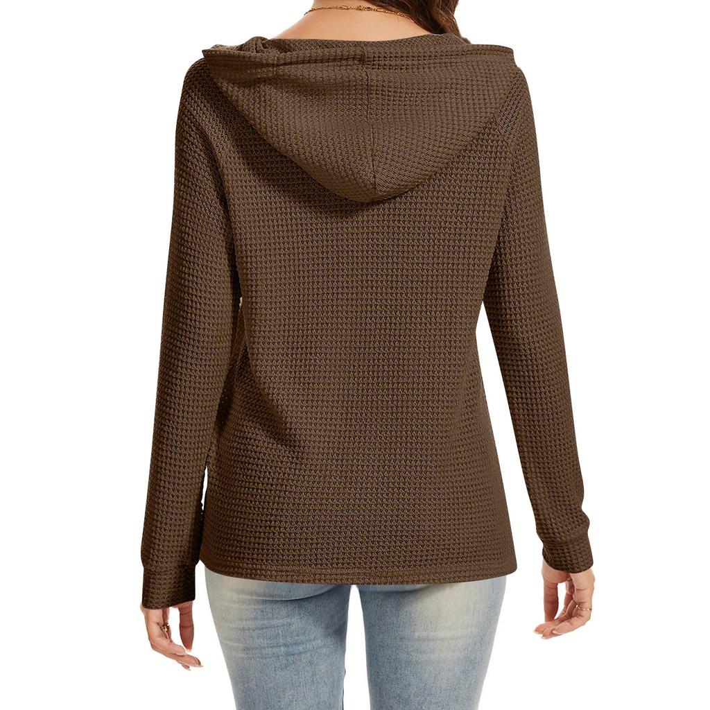 Women's Fashion Long Sleeve Drawstring Hooded Button V-neck Casual Hooded Sweatshirt Top