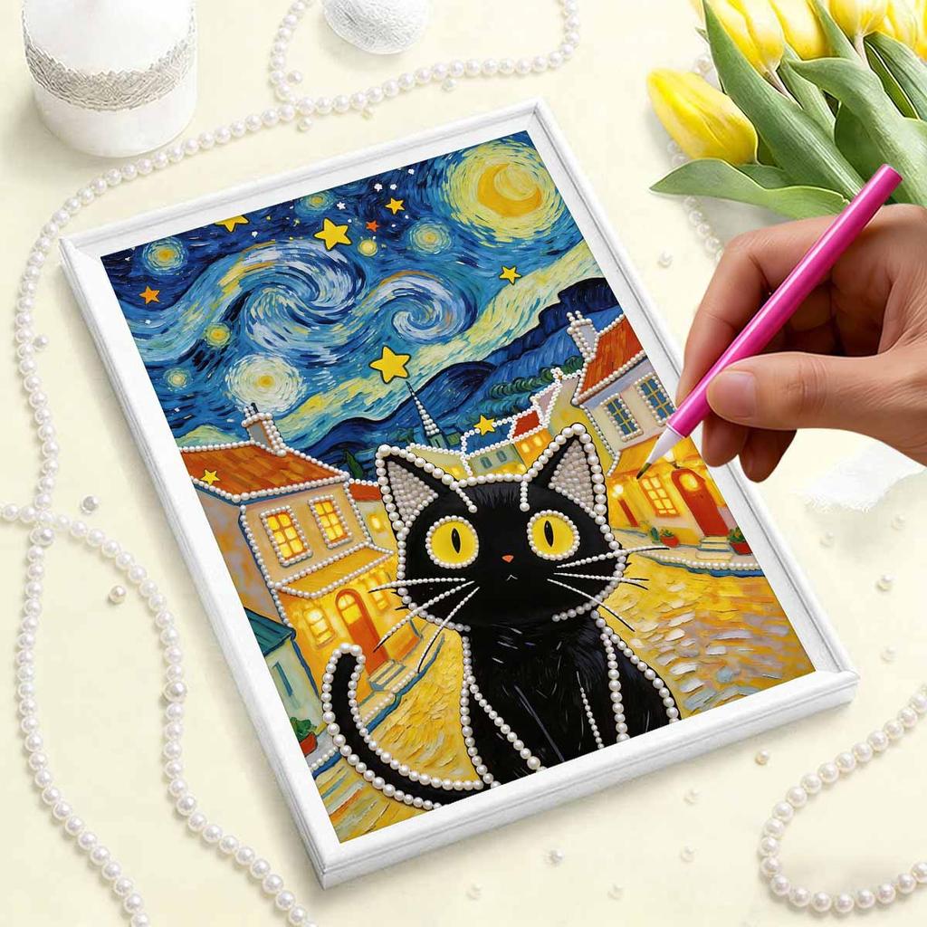 DIY Starry Night Cat Pearl Art Painting for Adults/Beginners Gift Home Decor Pearl Gem Paintings Picture Arts Craft 30x40cm Without Frame
