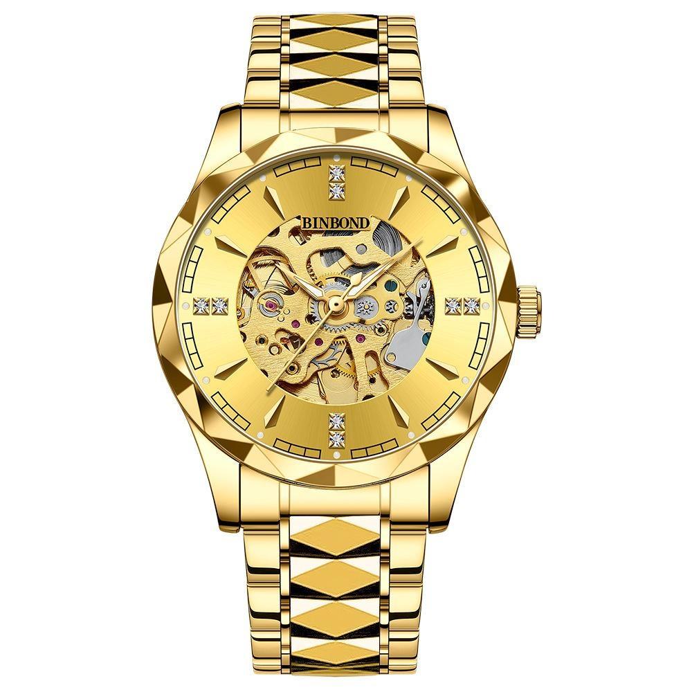 BINBOND Men's Automatic Mechanical Watch Skeleton Hollow Blue Dial Diamond Stainless Steel Waterproof Luxury Business Wristwatch