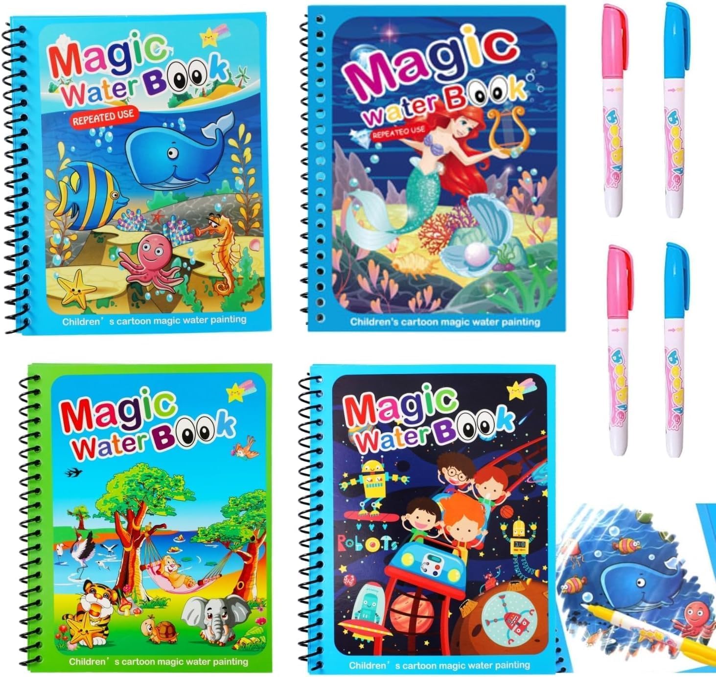 

Magic Water Drawing Books Set for Kids, 4-Pack Reusable Coloring Books with Water Pens, Ocean and Space Themed Educational Activity Books