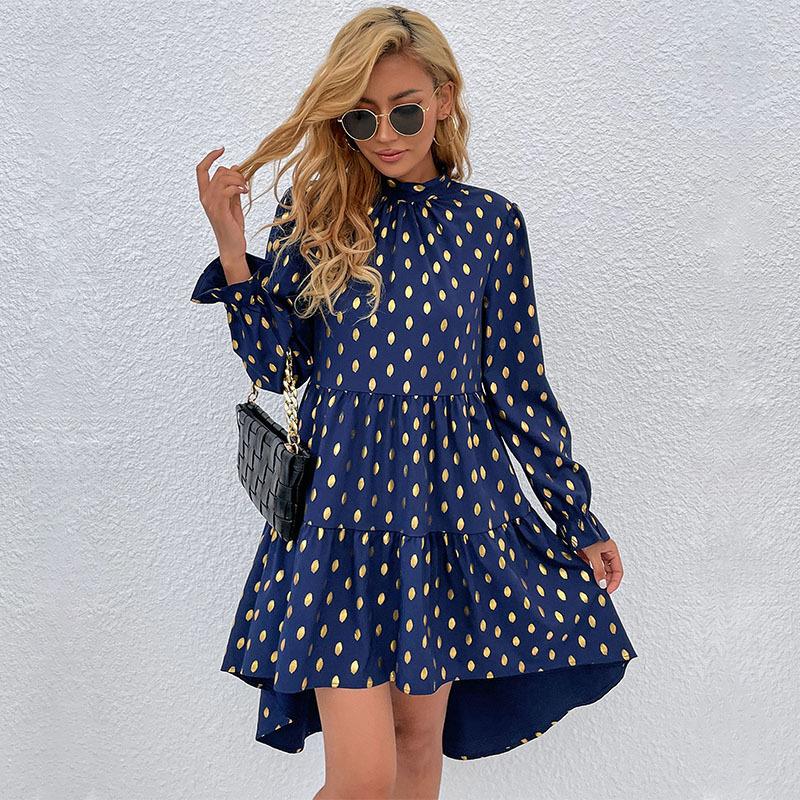 

Модное женское платье свободного кроя с бронзовым горошком и полувысоким воротником XL королевский синий