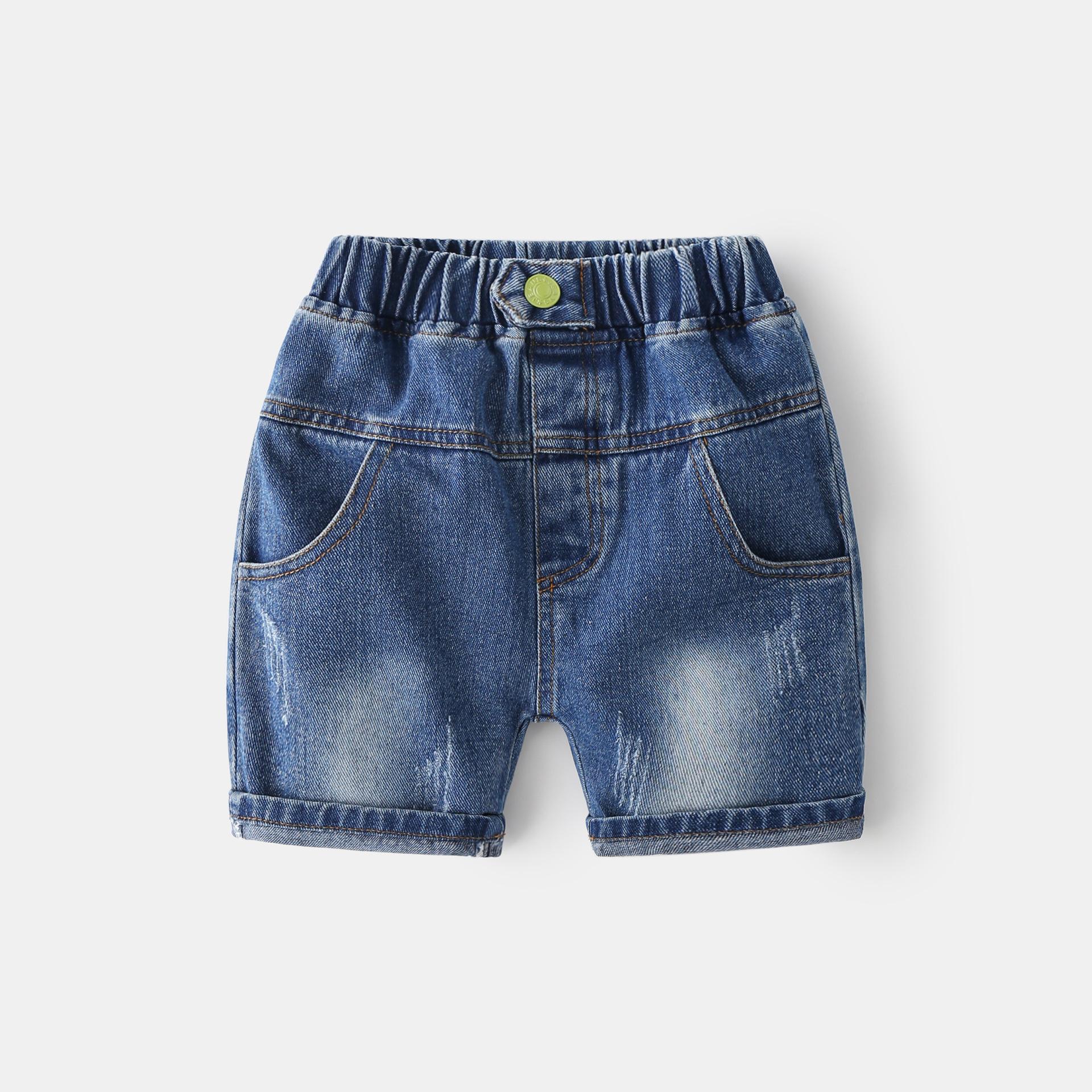 

Summer cotton children s five-point pants, mid-waist rubber band belt, soft trendy jeans 130cm