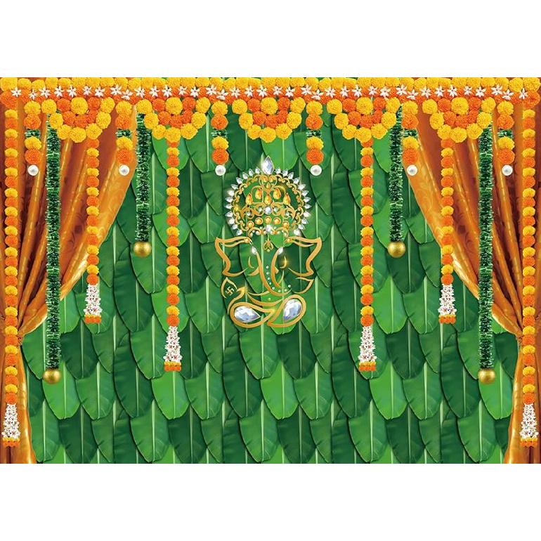 Indian Pooja Traditional Backdrop Diwali Ganpati Ganesh Marigold Puja Photography Background Green Banana Leaves Adult Religious Service Weeding