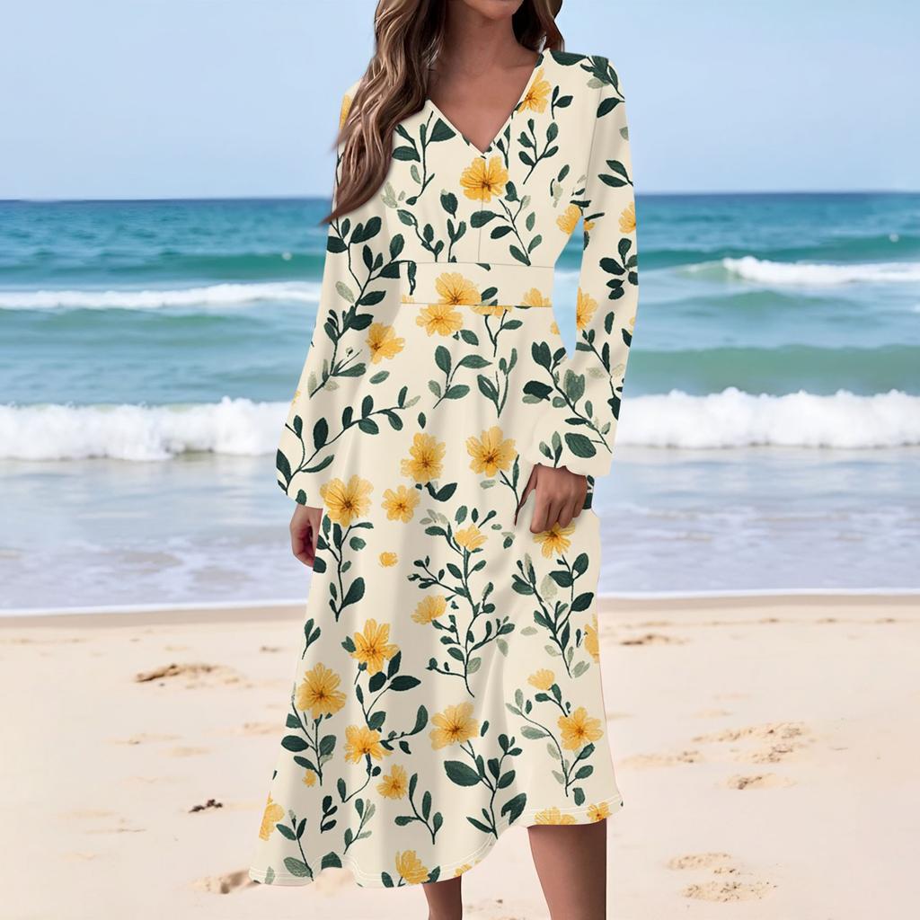 Women's Casual Fashion Floral Print V-neck Long Sleeve Waist Long Dress
